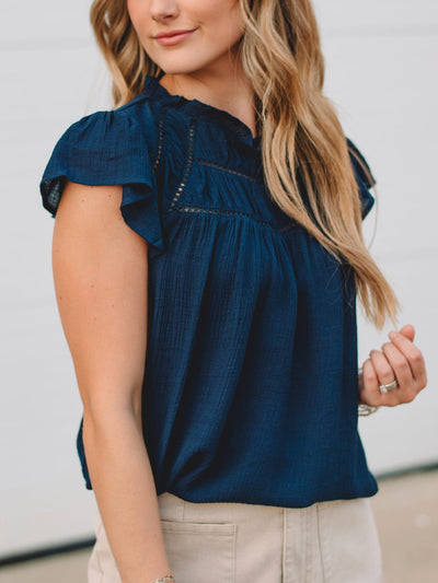 Christina Navy Lace Trim Short Sleeve Top