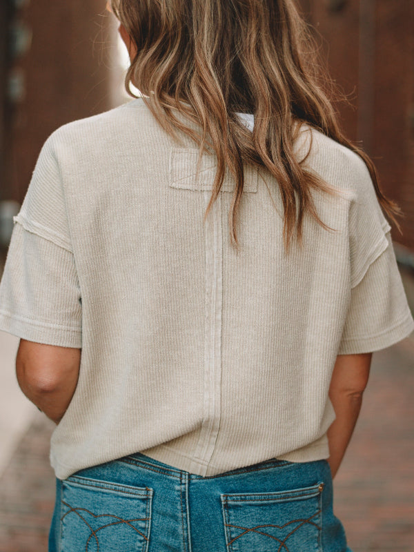 Angie Khaki Ribbed Short Sleeve Top