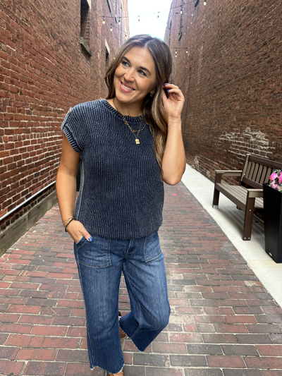 Liz Navy Short Tab Sleeve Sweater