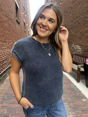 Liz Navy Short Tab Sleeve Sweater