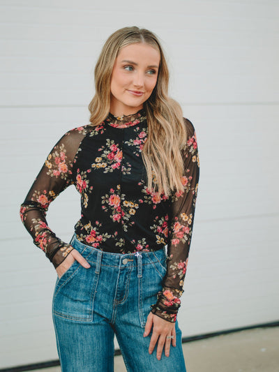 Betty Black Floral Mesh Long Sleeve Top