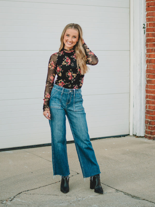 Betty Black Floral Mesh Long Sleeve Top
