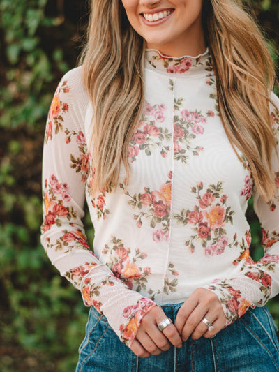Betty Off White Floral Mesh Long Sleeve Top