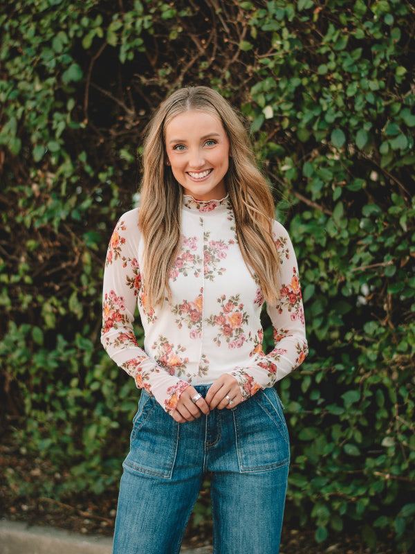Betty Off White Floral Mesh Long Sleeve Top