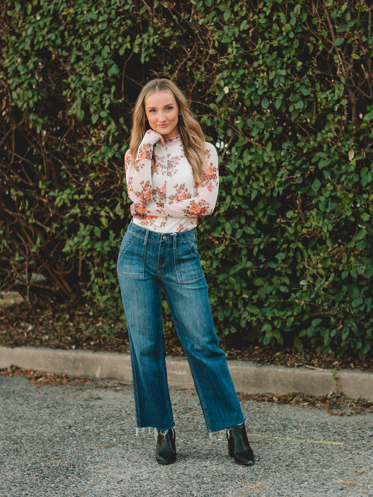 Betty Off White Floral Mesh Long Sleeve Top