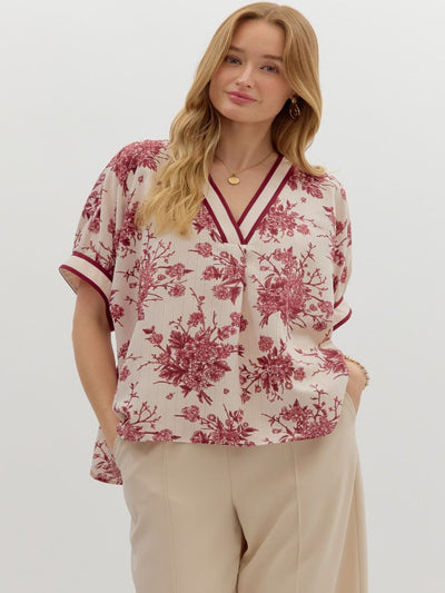 Cassie Burgundy Floral Short Sleeve Top  FINAL SALE