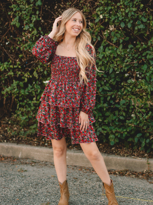 Mary Red Floral Long Sleeve Dress XL