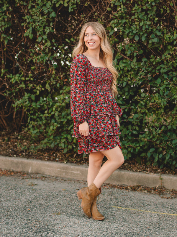 Mary Red Floral Long Sleeve Dress