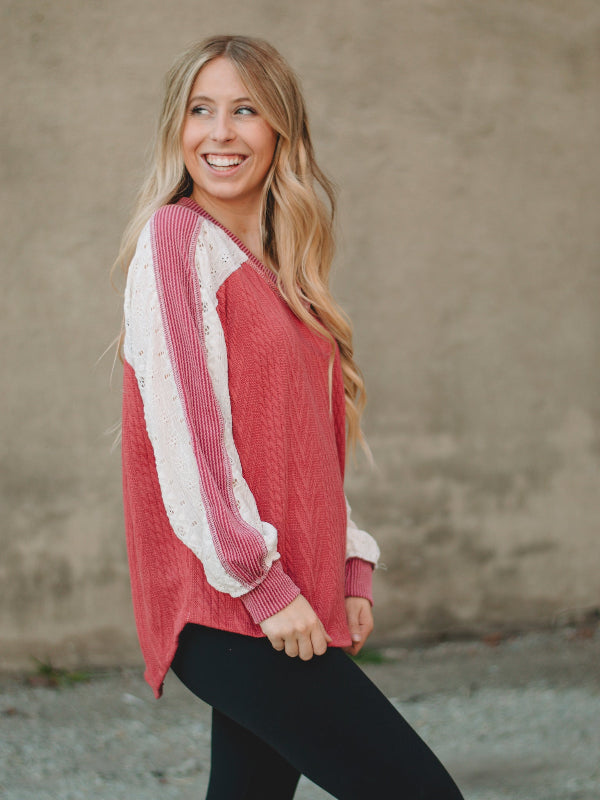 Shannon Mauve Lace Contrast Long Sleeve Top