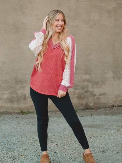 Shannon Mauve Lace Contrast Long Sleeve Top