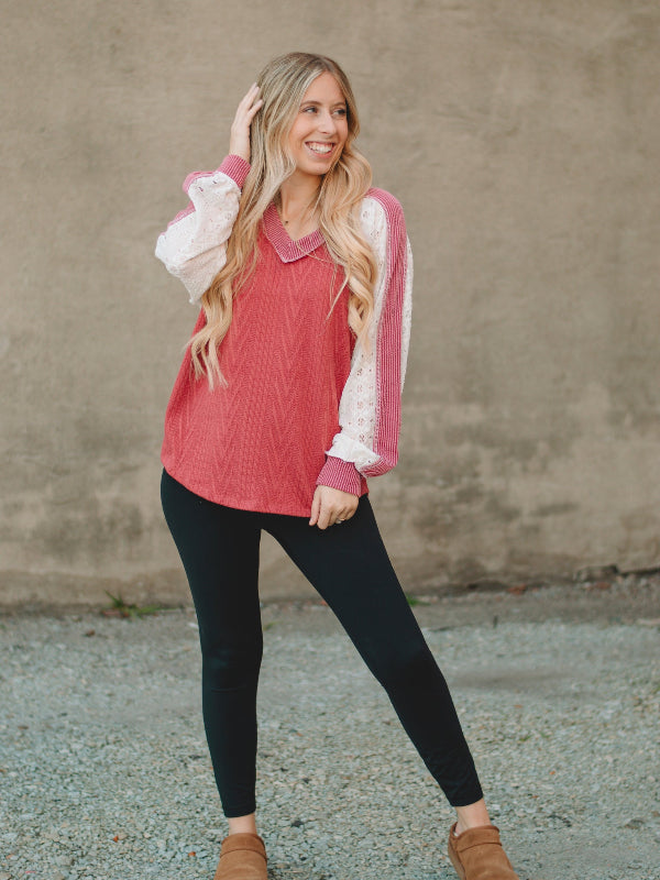Shannon Mauve Lace Contrast Long Sleeve Top