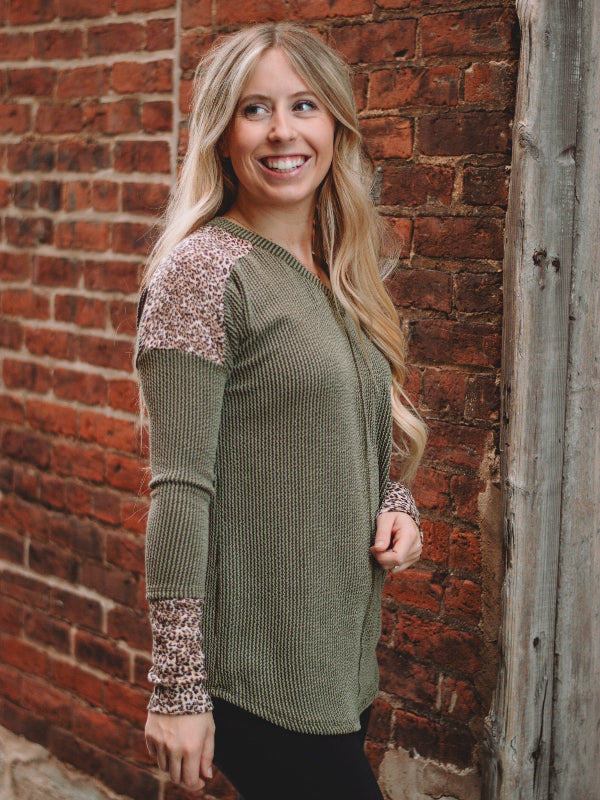 Kira Olive Animal Print Long Sleeve Top