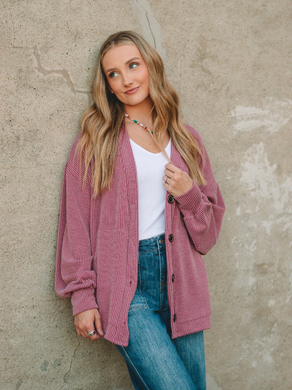 Lynn Marsala  Long Sleeve Ribbed Cardigan