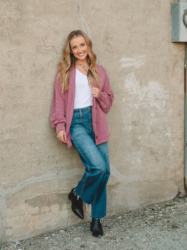 Lynn Marsala  Long Sleeve Ribbed Cardigan