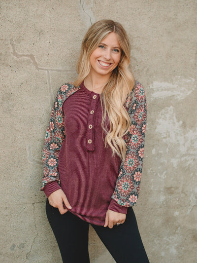Mary Burgundy Ribbed Long Sleeve Top