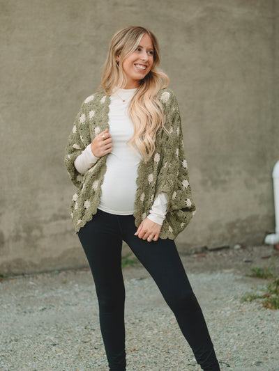 Monica Olive/Almond Crochet Long Sleeve Cardigan
