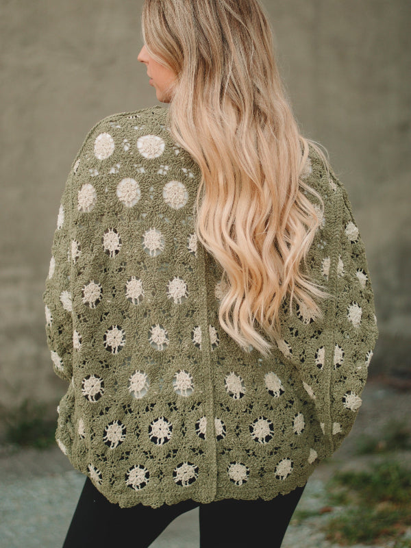 Monica Olive/Almond Crochet Long Sleeve Cardigan