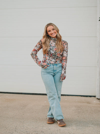 Fall Floral Print Mesh Top