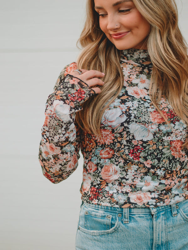 Fall Floral Print Mesh Top