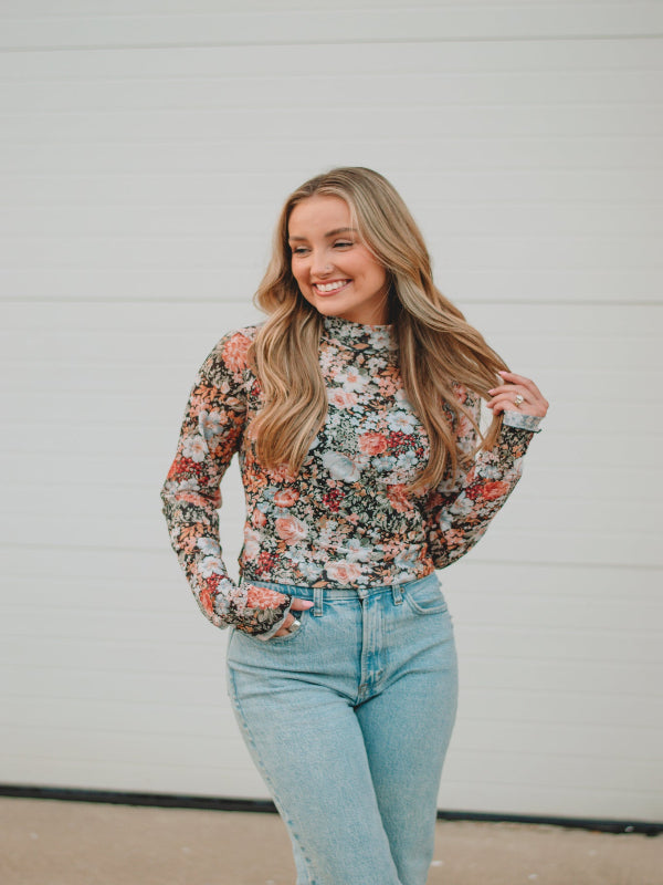 Fall Floral Print Mesh Top