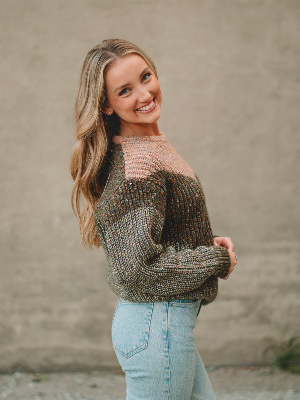 Maddison Olive/Taupe Long Sleeve Sweater