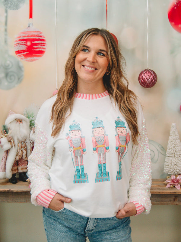 White Long Sleeve Glitter Nutcracker Top