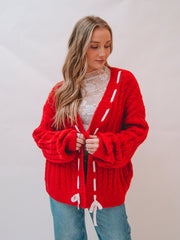 Mary Red Long Sleeve Cable Knit Cardigan