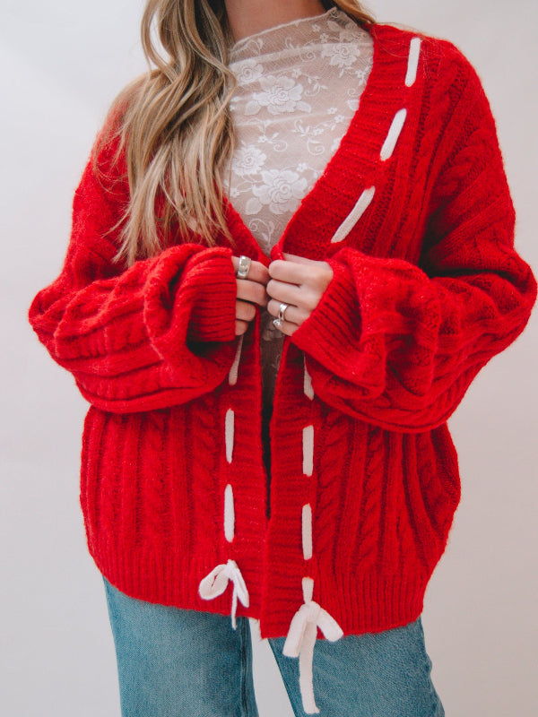 Mary Red Long Sleeve Cable Knit Cardigan