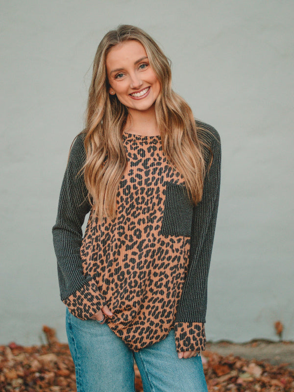 Madeline Grey/Tan Animal Print Long Sleeve Top