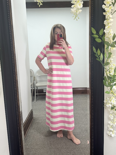 Eileen Pink Strip Midi Dress
