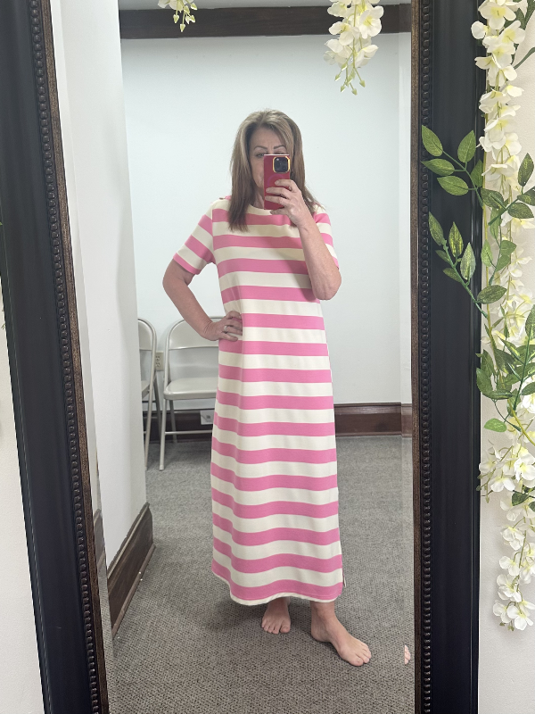 Eileen Pink Strip Midi Dress