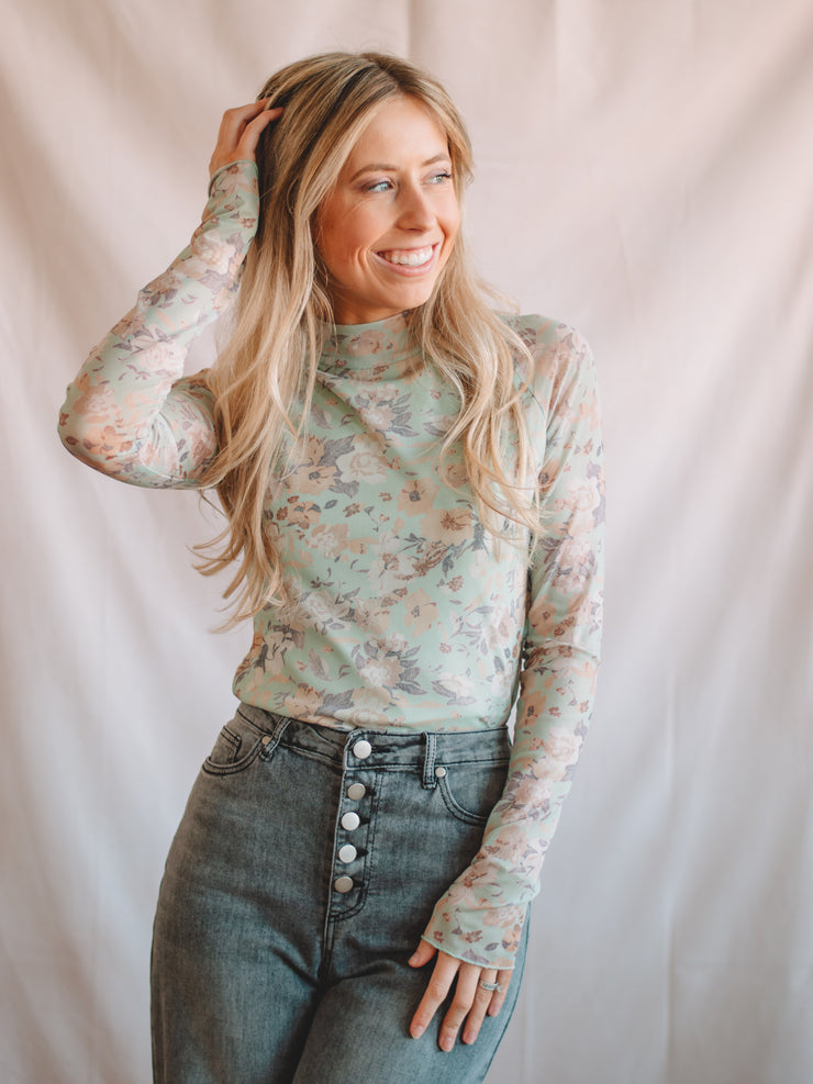 Janice Light Green Floral Print Top