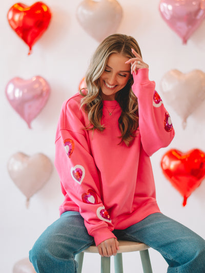 Pink Hearted Sequin Pull Over Sweatshirt