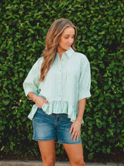 Angela Apple Green Stripe 3/4 Sleeve Top