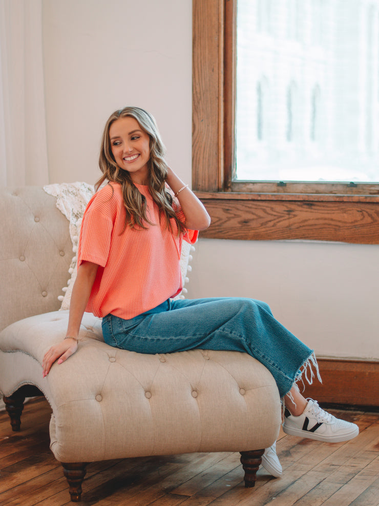 Pam Coral Ribbed Short Sleeve Top