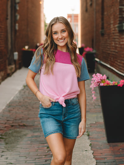 Kira Pink Ribbed Short Sleeve Top