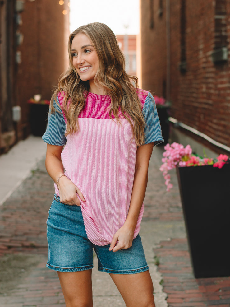 Kira Pink Ribbed Short Sleeve Top