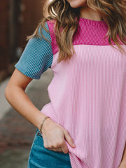 Kira Pink Ribbed Short Sleeve Top