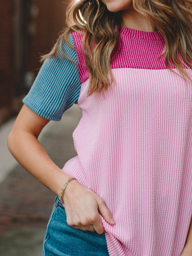 Kira Pink Ribbed Short Sleeve Top
