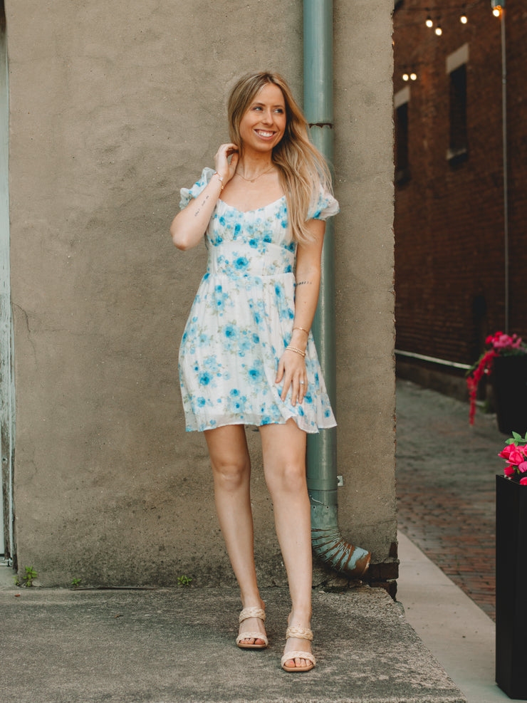 Victoria Blue Floral Print Mini Dress