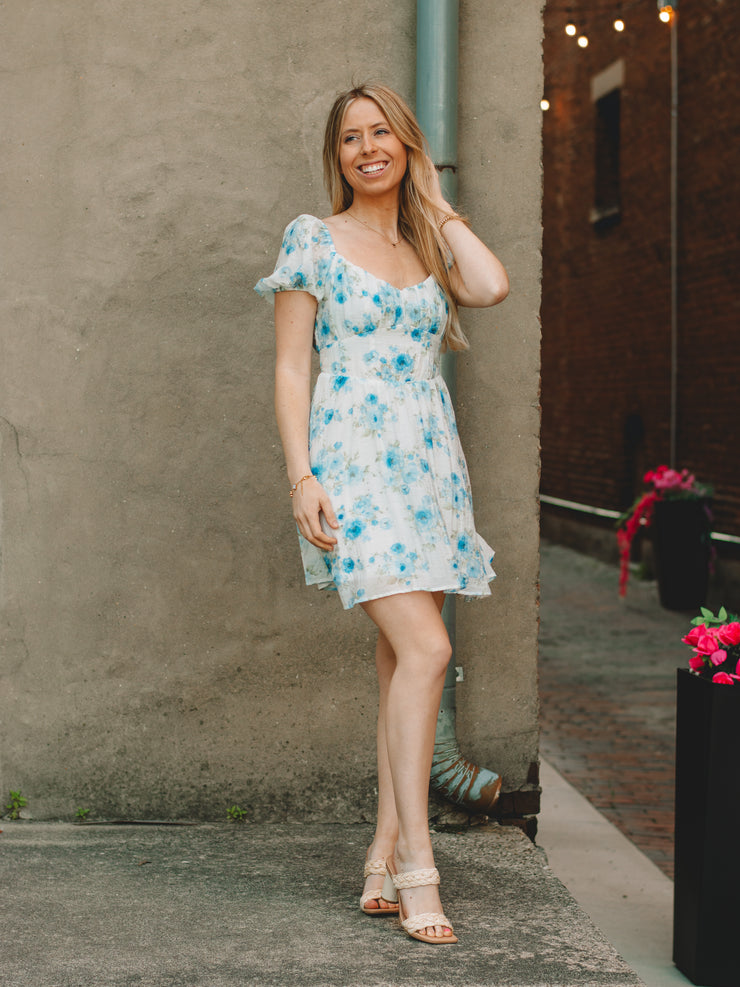 Victoria Blue Floral Print Mini Dress