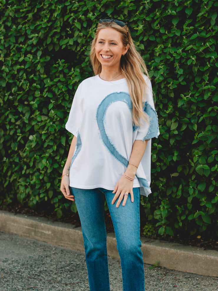 Claire White Short Sleeve Heart Patch Top