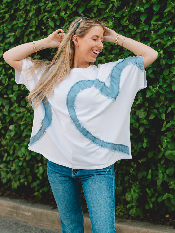 Claire White Short Sleeve Heart Patch Top