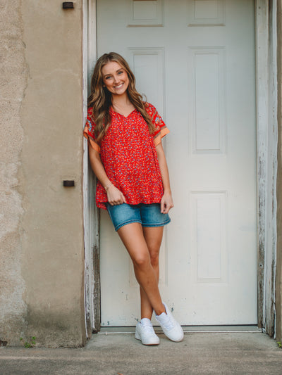 Brittany Red BOHO Print Short Sleeve Top
