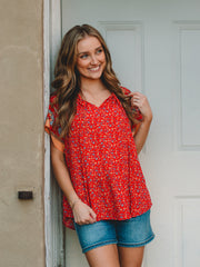 Brittany Red BOHO Print Short Sleeve Top