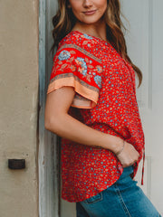 Brittany Red BOHO Print Short Sleeve Top
