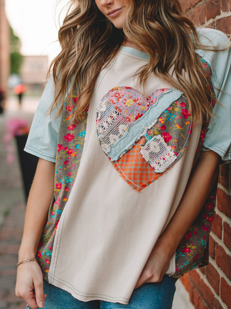 Susie Blue Short Sleeve Heart Patch Top