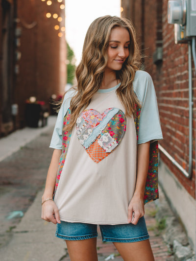 Susie Blue Short Sleeve Heart Patch Top