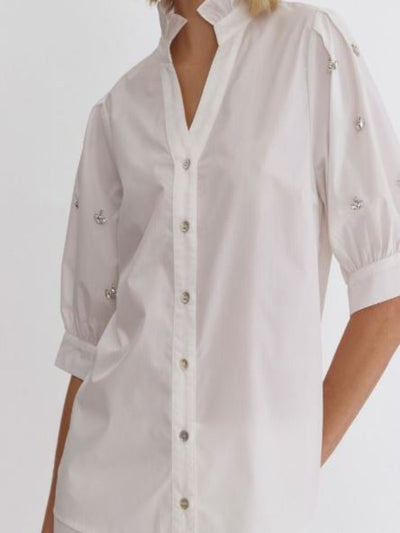 Peggy White Short Sleeve Button Up Top