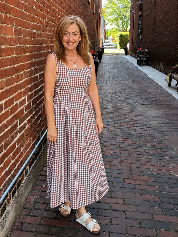 pink and brown plaid dress Elizabeth Midi M Size:40 Long + 34 Waist (Adjustable 2